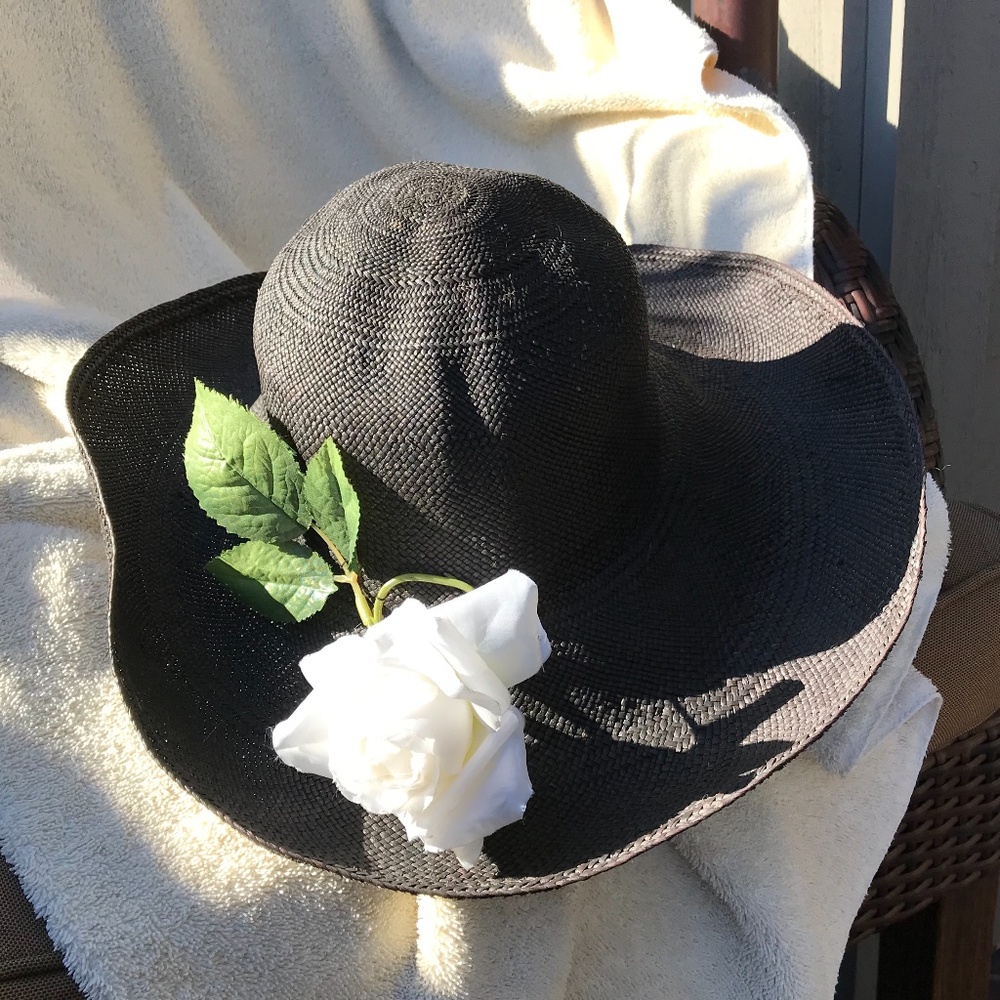 Fashion black wide brim hat with big rose
